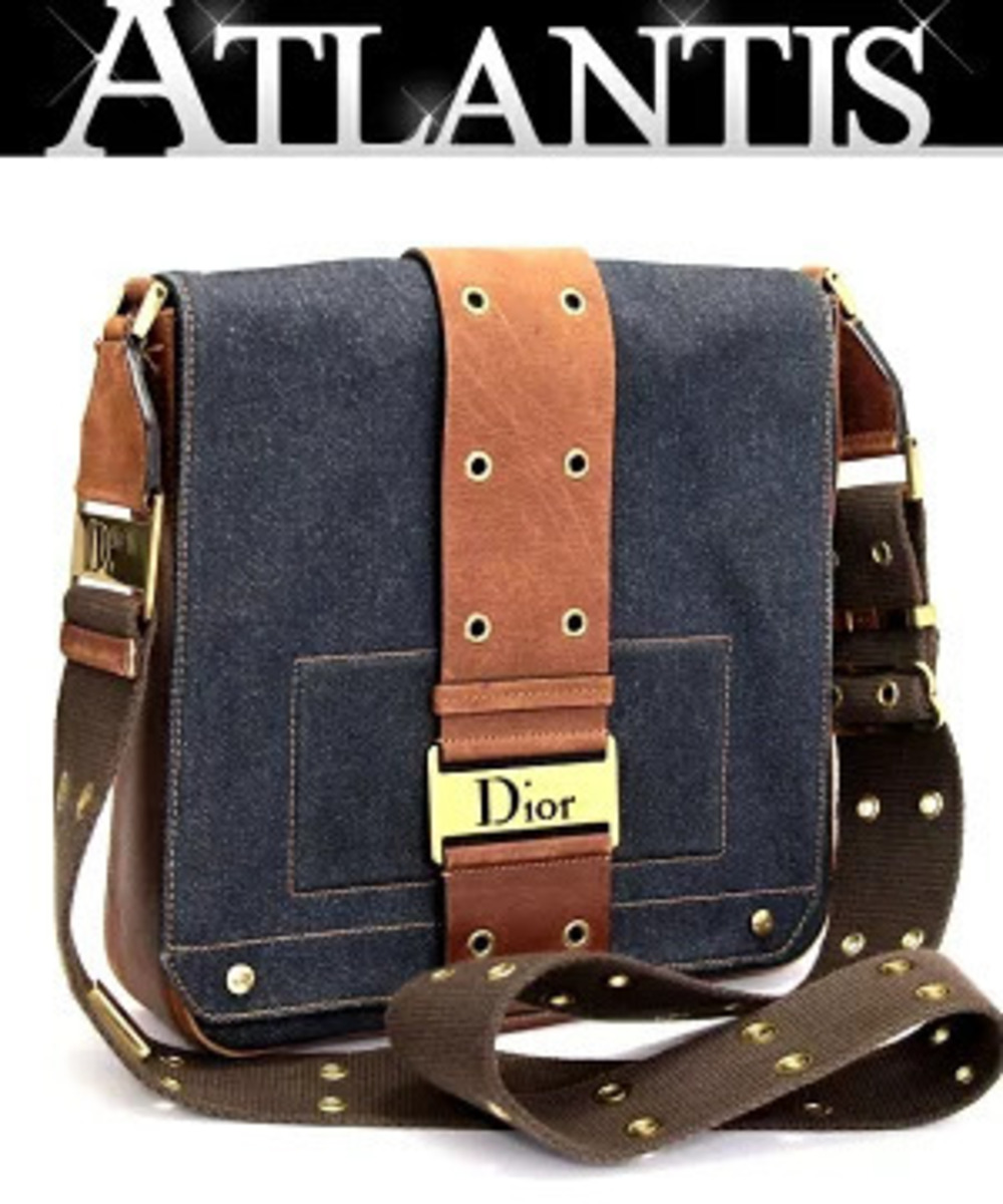 Christian Dior Street Shoulder Bag Denim x Leather Navy Blue Brown